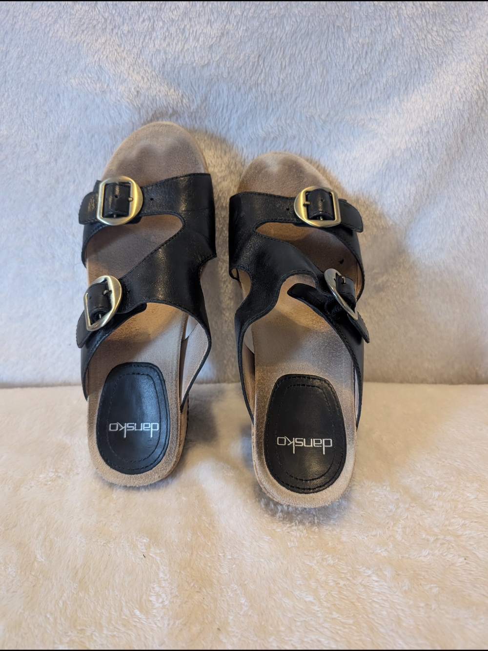 Dansko Black Leather Double-Buckle Slide Sandals